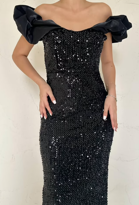 CETO “Midnight Ruffle Sequin Dress”
