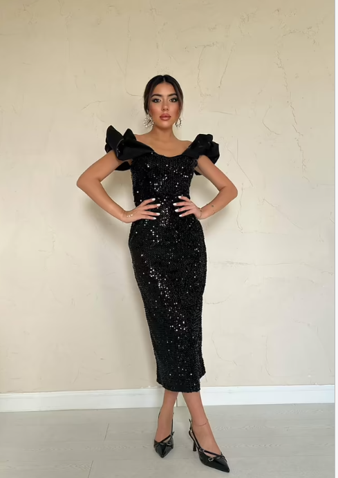CETO “Midnight Ruffle Sequin Dress”