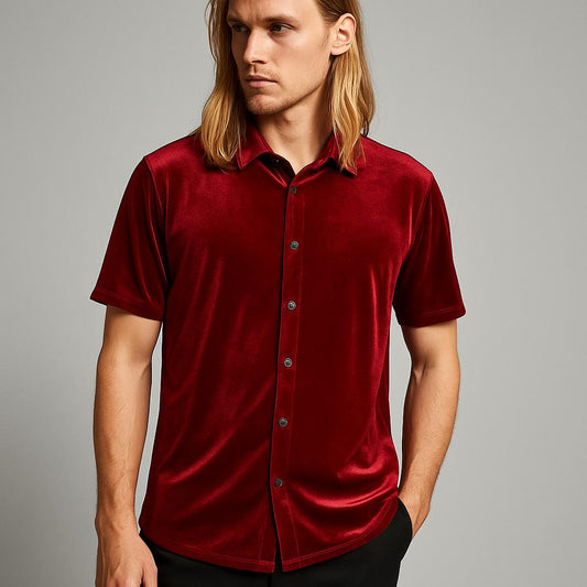 “CETO Velvet Icon” – Mandarin Collar Shirt in Red