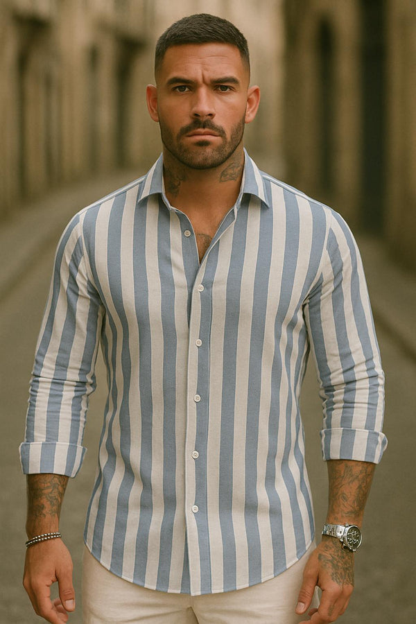 Portofino Linen Cotton Stripe Shirt – Blue/Grey