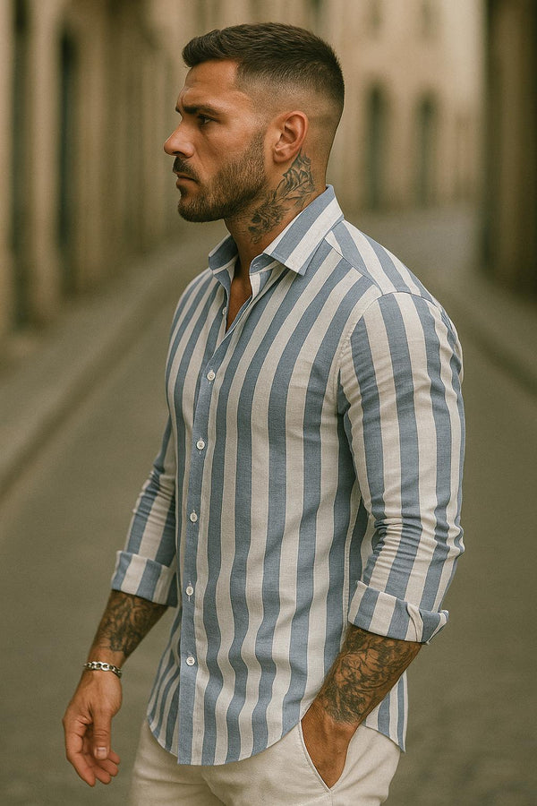 Portofino Linen Cotton Stripe Shirt – Blue/Grey